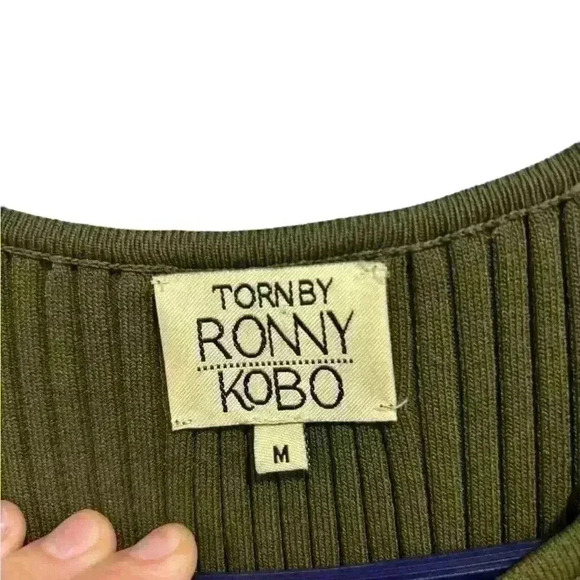 TORN BY RONNY KOBO Medium LACE UP TEXTURED FIT AND FLARE SLEEVELESS DRESS OLIVE - Picture 5 of 10